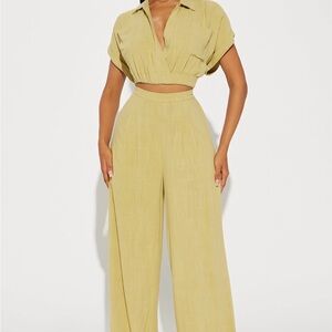 Fashion Nova Wide Leg High-Waist Linen Set in Chartreuse- Medium, NWT